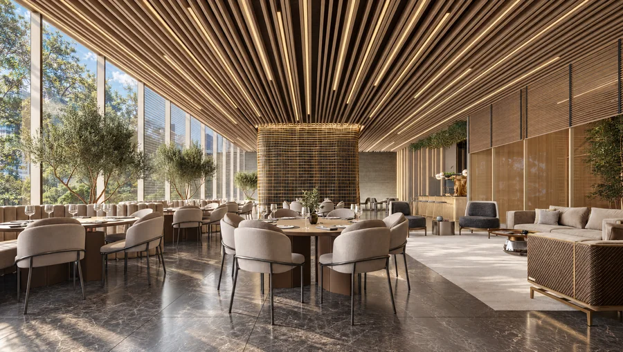 Imagem 3D de lounge, edifício residencial em Maringá, PR. Feita pela Oficina3D.