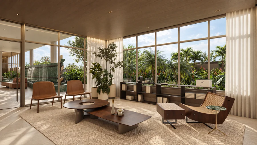 Imagem 3D de lounge, edifício residencial em São Paulo, SP. Feita pela Oficina3D.