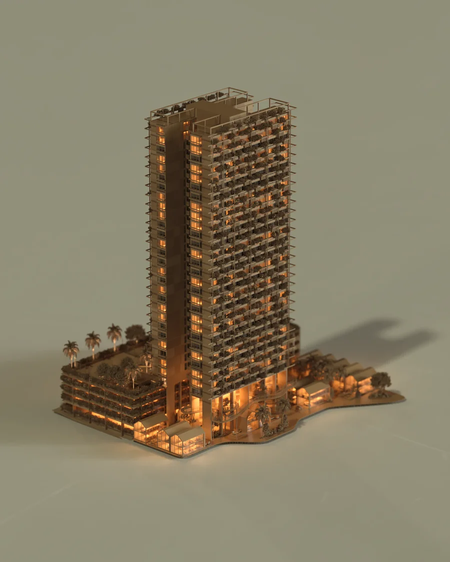 Imagem 3D de maquete volumétrica, edifício residencial em Blumenau, SC. Feita pela Oficina3D.