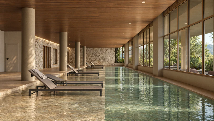 Imagem 3D de piscina aquecida, edifício residencial em Florianópolis, SC. Feita pela Oficina3D.