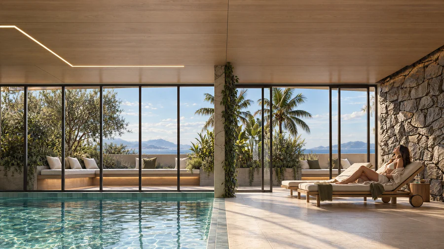 Imagem 3D de piscina coberta, edifício residencial em Balneário Piçarras, SC. Feita pela Oficina3D.