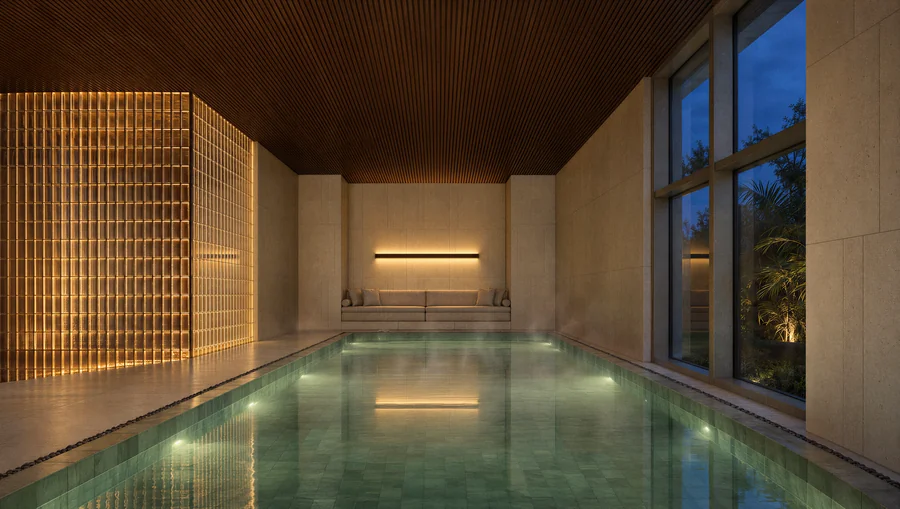 Imagem 3D de piscina coberta, edifício residencial em Curitiba, PR. Feita pela Oficina3D.