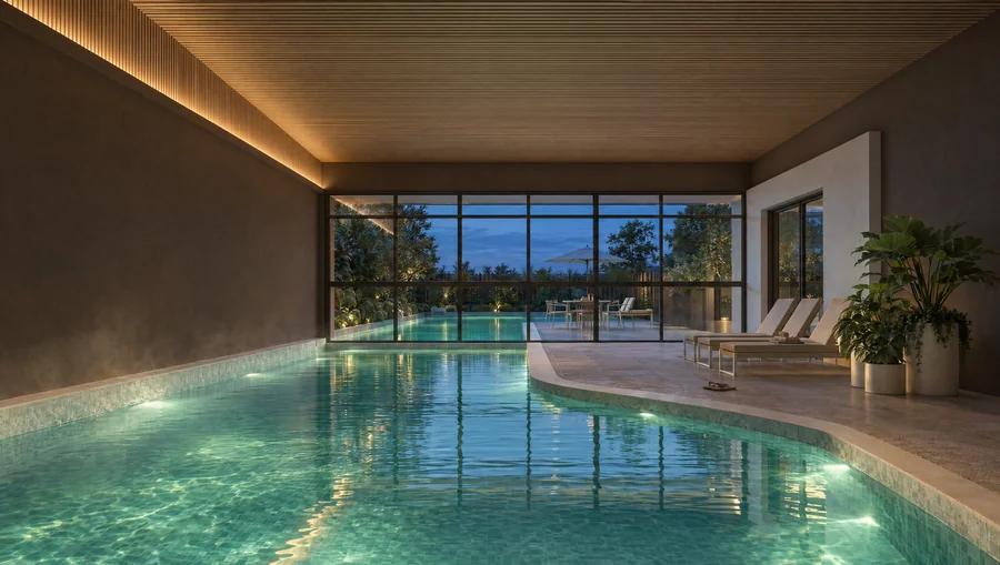 Imagem 3D de piscina coberta, edifício residencial em Londrina, PR. Feita pela Oficina3D.