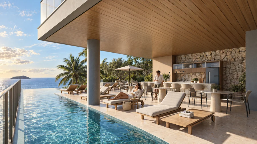 Imagem 3D de piscina com borda infinita, edifício residencial em Balneário Piçarras, SC. Feita pela Oficina3D.