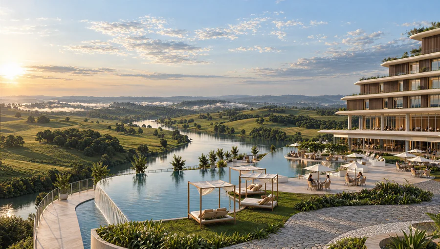 Imagem 3D de piscina de borda infinita, hotel e resort em Piratuba, SC. Feita pela Oficina3D.