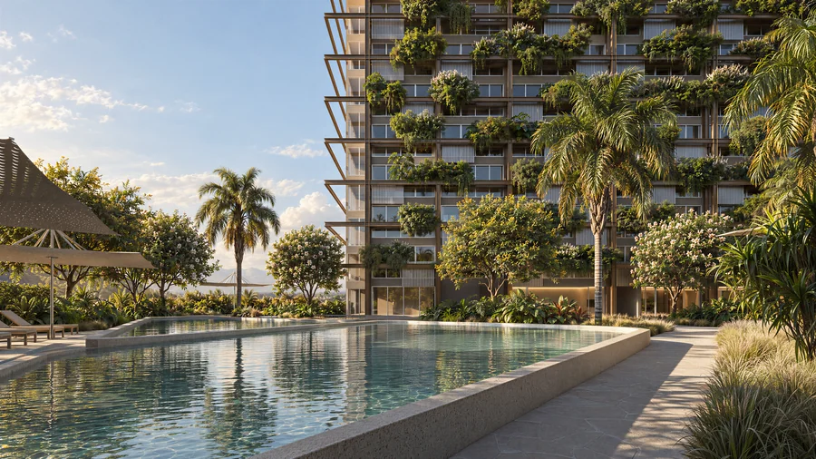 Imagem 3D de piscina e fachada, edifício residencial em Blumenau, SC. Feita pela Oficina3D.