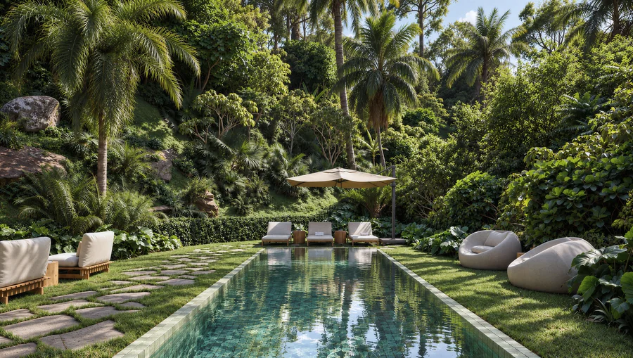 Imagem 3D de piscina e jardim, condomínio de casas em Rio de Janeiro, RJ. Feita pela Oficina3D.