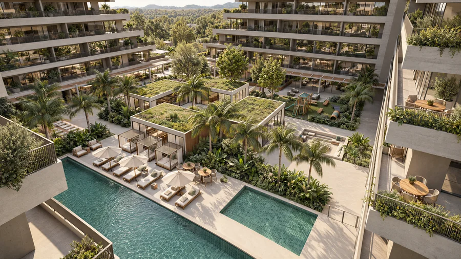 Imagem 3D de piscina e solário, bairro planejado em Porto Belo, SC. Feita pela Oficina3D.