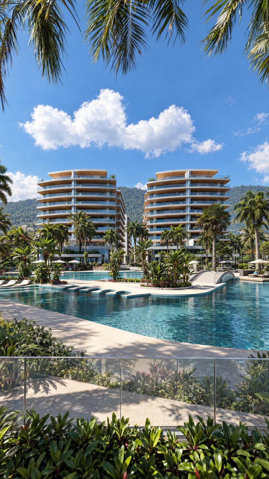 Imagem 3D de piscina e torres, edifício residencial em Praia Brava, SC. Feita pela Oficina3D.