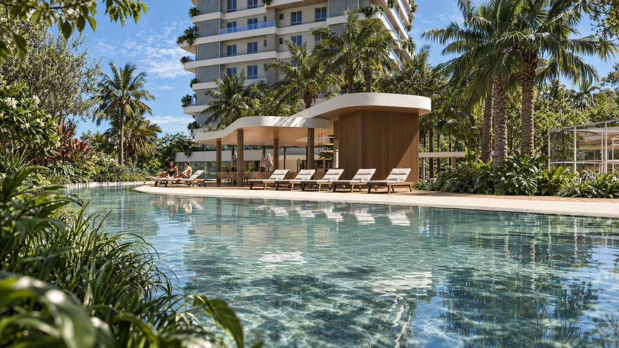 Imagem 3D de piscina, edifício residencial em Blumenau, SC. Feita pela Oficina3D.