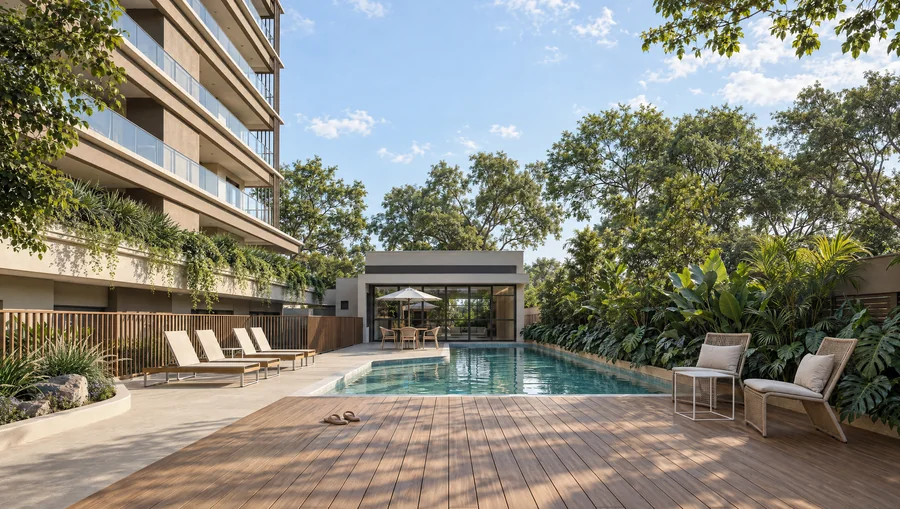 Imagem 3D de piscina, edifício residencial em Londrina, PR. Feita pela Oficina3D.