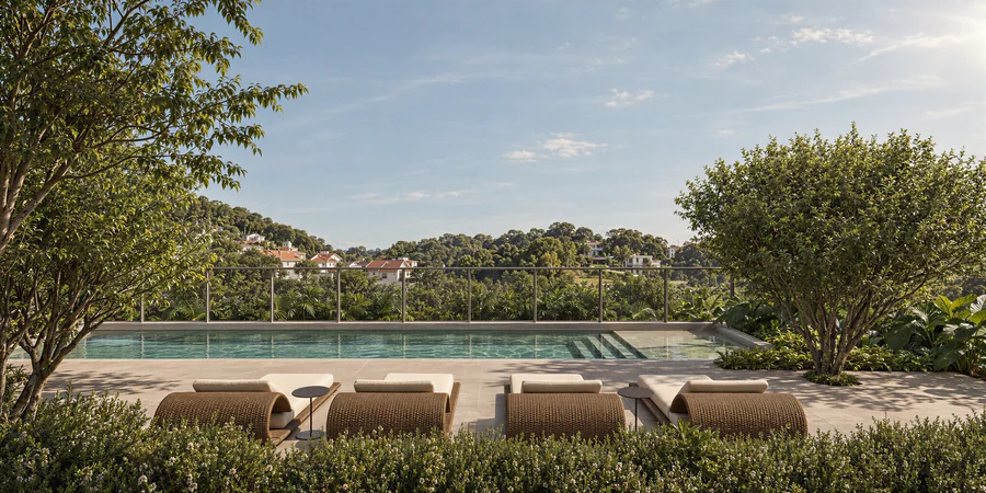 Imagem 3D de piscina no rooftop, edifício residencial em Joinville, SC. Feita pela Oficina3D.
