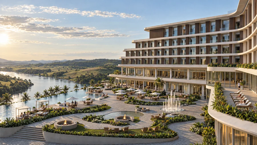 Imagem 3D de piscinas e fachada, hotel e resort em Piratuba, SC. Feita pela Oficina3D.