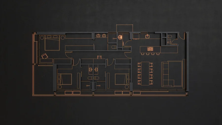 Imagem 3D de planta humanizada, edifício residencial em Blumenau, SC. Feita pela Oficina3D.