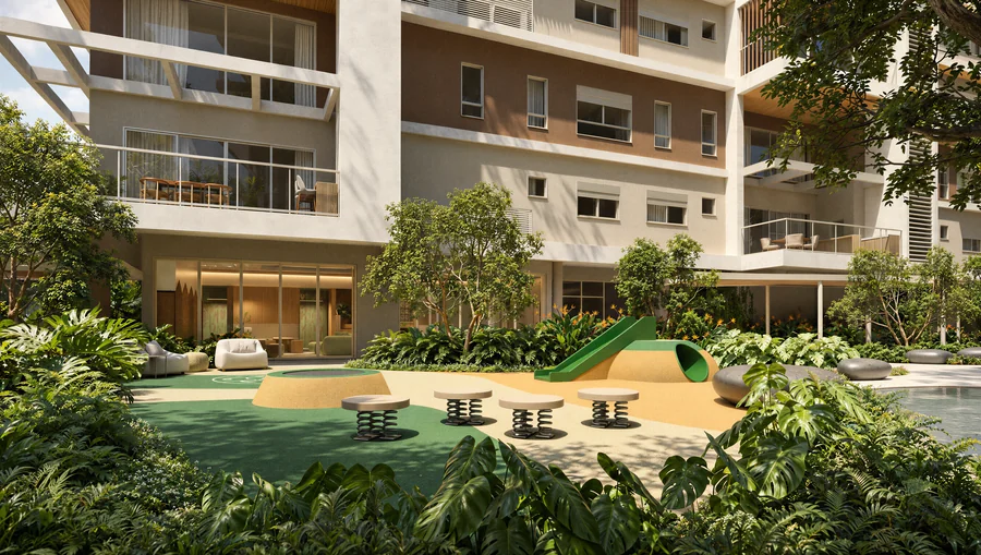 Imagem 3D de playground, edifício residencial em Florianópolis, SC. Feita pela Oficina3D.