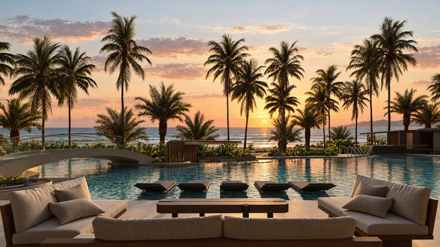 Imagem 3D de pôr do sol na piscina, edifício residencial em Praia Brava, SC. Feita pela Oficina3D.