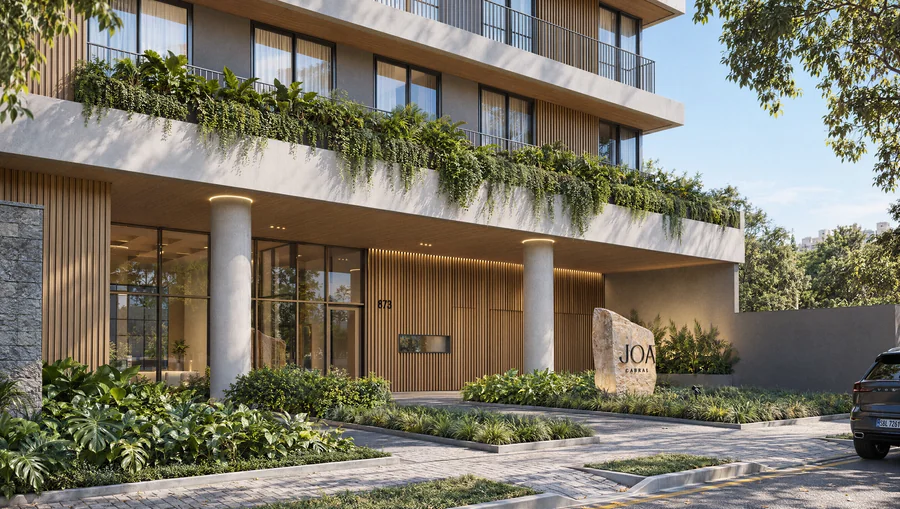 Imagem 3D de portaria, edifício residencial em Curitiba, PR. Feita pela Oficina3D.