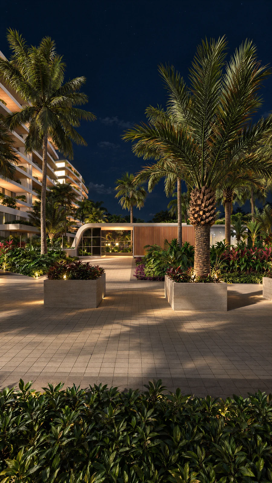 Imagem 3D de praça à noite, edifício residencial em Praia Brava, SC. Feita pela Oficina3D.