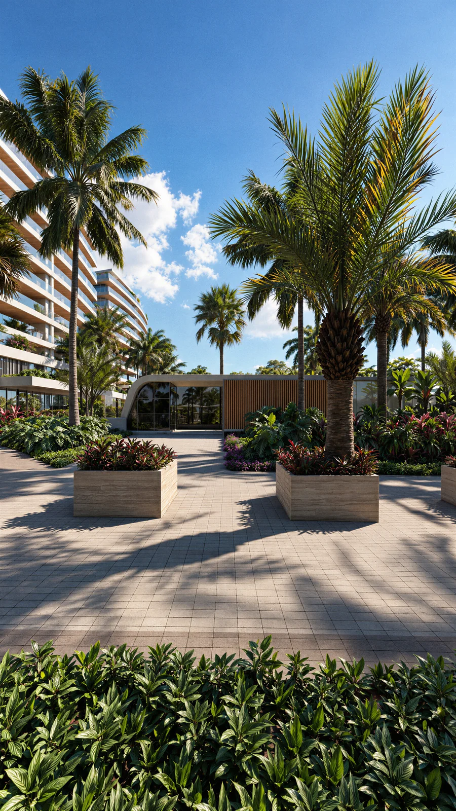 Imagem 3D de praça de acesso, edifício residencial em Praia Brava, SC. Feita pela Oficina3D.