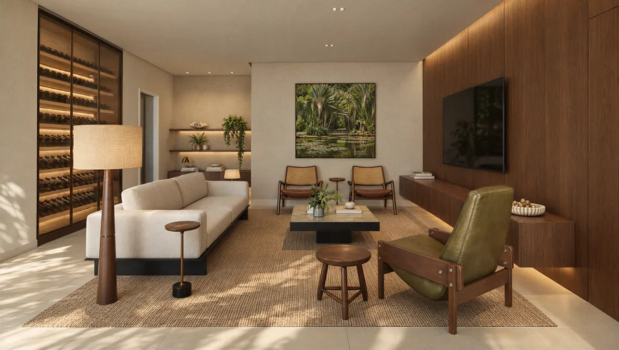 Imagem 3D de sala de estar, 246 m², edifício residencial em São José do Rio Preto, SP. Feita pela Oficina3D.