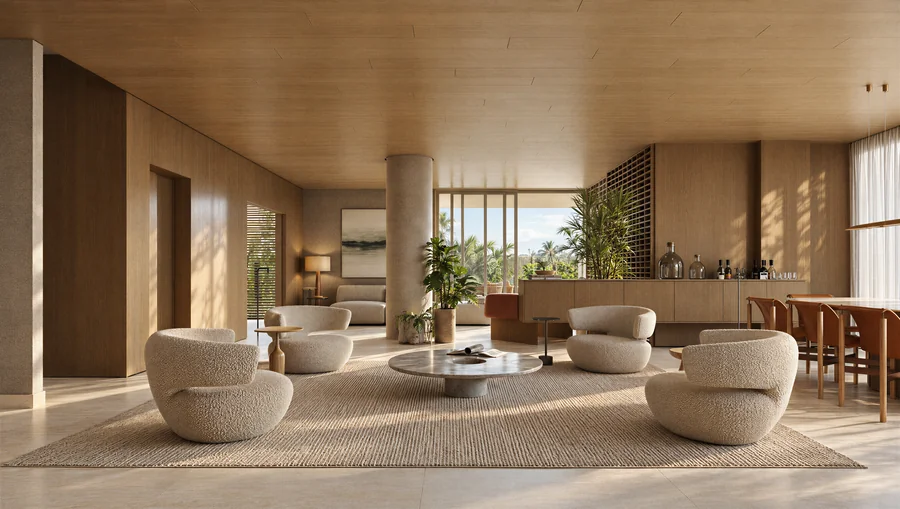 Imagem 3D de sala de estar, 445 m², edifício residencial em São José do Rio Preto, SP. Feita pela Oficina3D.