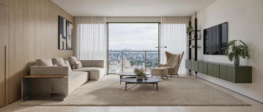 Imagem 3D de sala de estar, edifício residencial em São Paulo, SP. Feita pela Oficina3D.