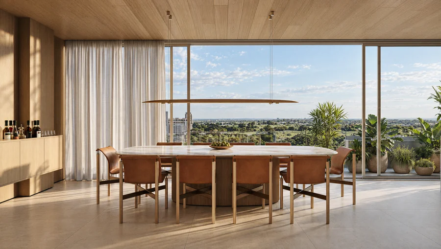Imagem 3D de sala de jantar, 445 m², edifício residencial em São José do Rio Preto, SP. Feita pela Oficina3D.