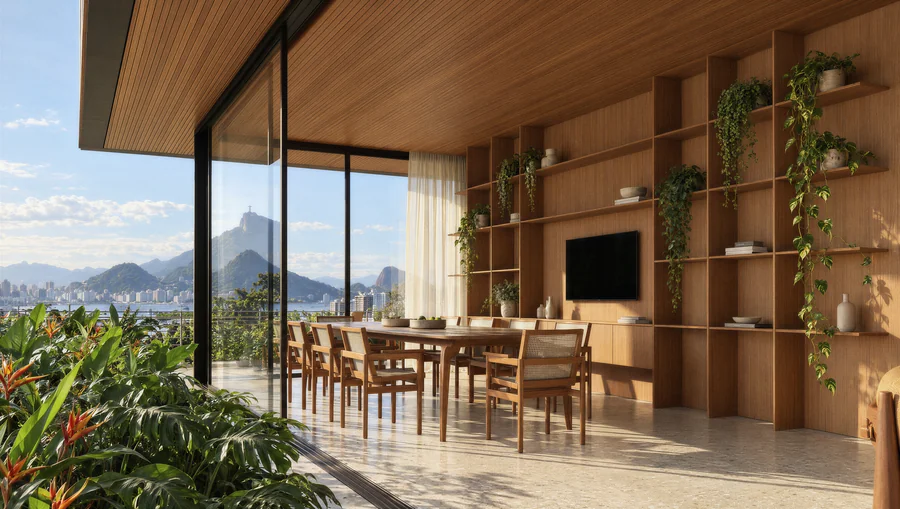 Imagem 3D de sala de jantar, condomínio de casas em Rio de Janeiro, RJ. Feita pela Oficina3D.