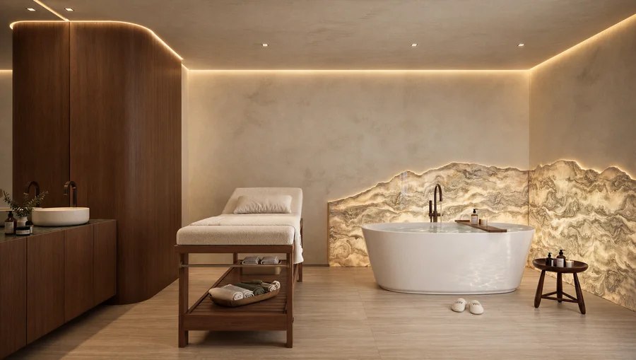 Imagem 3D de sala de massagem, edifício residencial em São Paulo, SP. Feita pela Oficina3D.