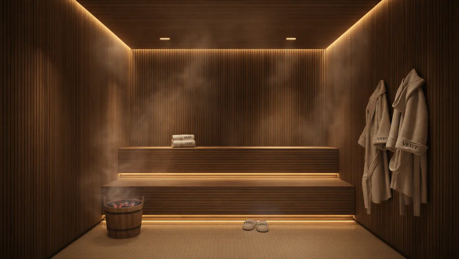 Imagem 3D de sauna, edifício residencial em São Paulo, SP. Feita pela Oficina3D.