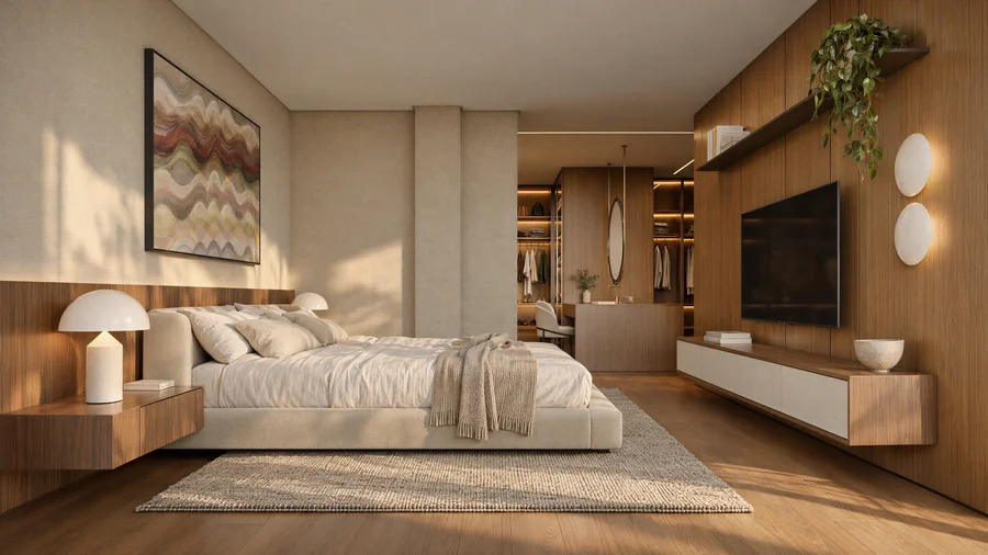 Imagem 3D de suíte, edifício residencial em Curitiba, PR. Feita pela Oficina3D.