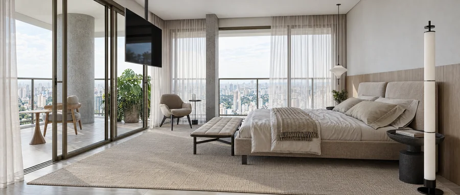 Imagem 3D de suíte master, edifício residencial em São Paulo, SP. Feita pela Oficina3D.