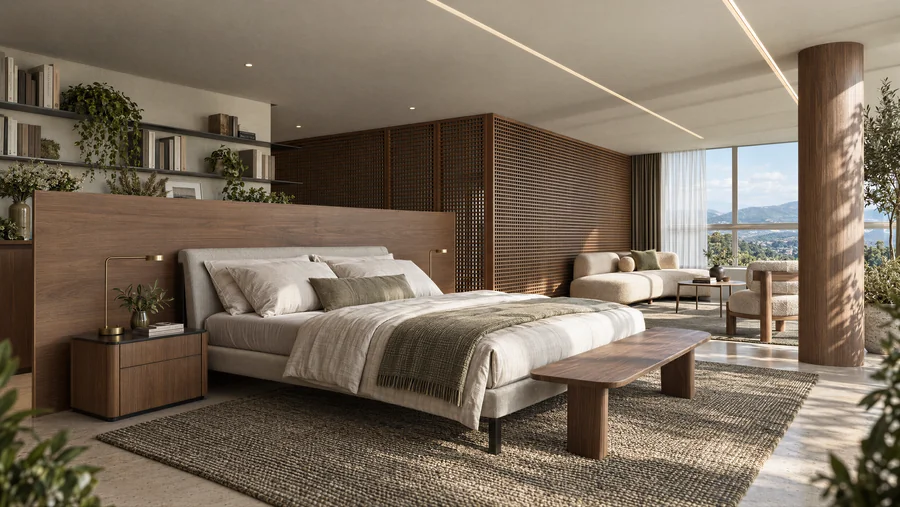 Imagem 3D de suíte principal, ângulo 2, edifício residencial em Blumenau, SC. Feita pela Oficina3D.