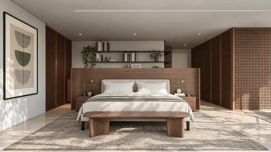 Imagem 3D de suíte principal, duplex 4501, edifício residencial em Blumenau, SC. Feita pela Oficina3D.