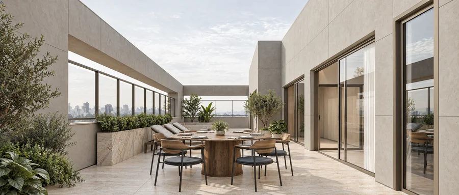 Imagem 3D de terraço gourmet, edifício residencial em São Paulo, SP. Feita pela Oficina3D.