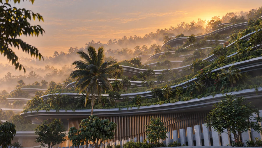 Imagem 3D de terraços ao entardecer, hotel e resort em Cebu, Filipinas. Feita pela Oficina3D.