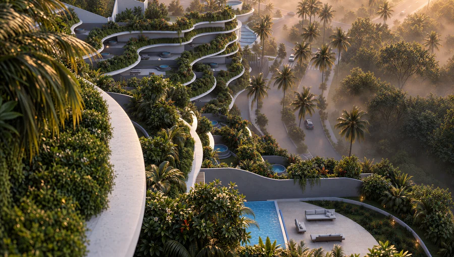 Imagem 3D de terraços e piscinas, hotel e resort em Cebu, Filipinas. Feita pela Oficina3D.