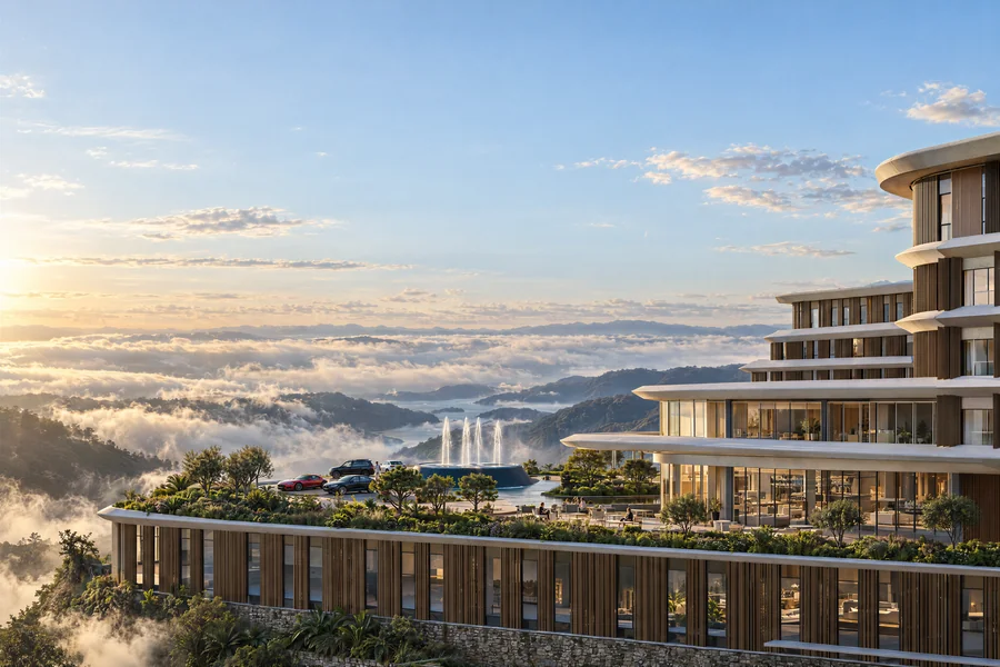Imagem 3D de terraços sobre a névoa, hotel e resort em Piratuba, SC. Feita pela Oficina3D.
