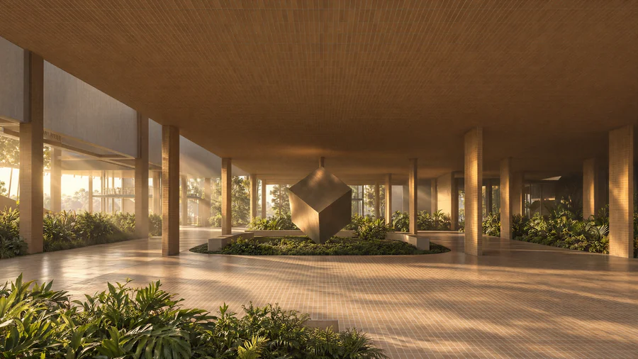 Imagem 3D de térreo e pilotis, edifício residencial em Blumenau, SC. Feita pela Oficina3D.