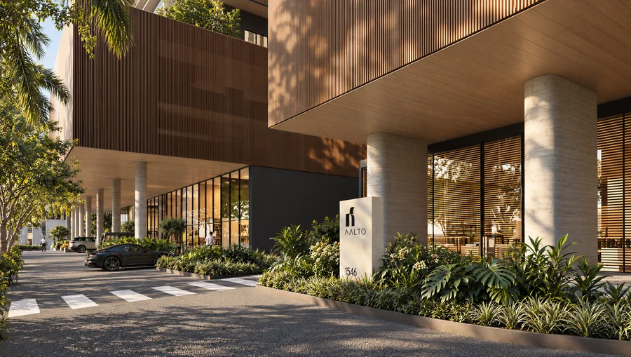 Imagem 3D de térreo, edifício residencial em Natal, RN. Feita pela Oficina3D.