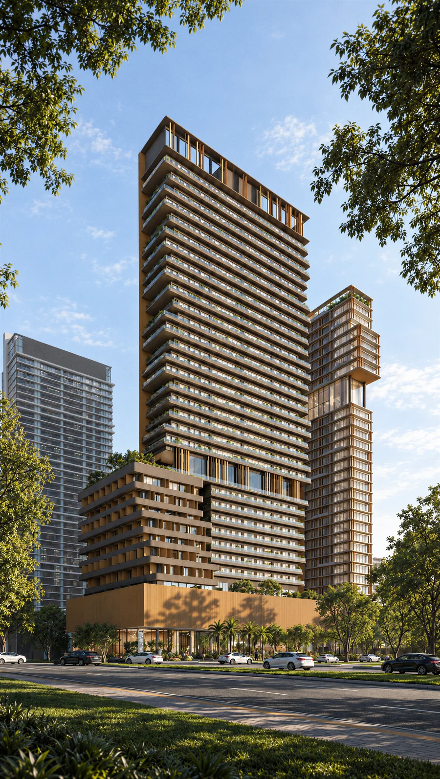 Imagem 3D de torre à luz do dia, edifício residencial em Natal, RN. Feita pela Oficina3D.