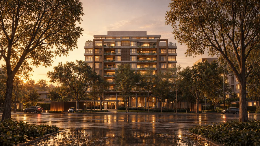 Imagem 3D de torre ao entardecer, edifício residencial em Curitiba, PR. Feita pela Oficina3D.