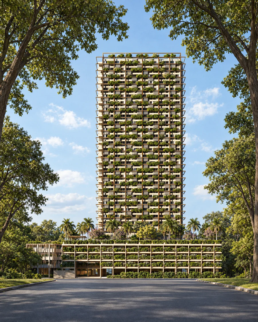 Imagem 3D de torre e acesso, edifício residencial em Blumenau, SC. Feita pela Oficina3D.