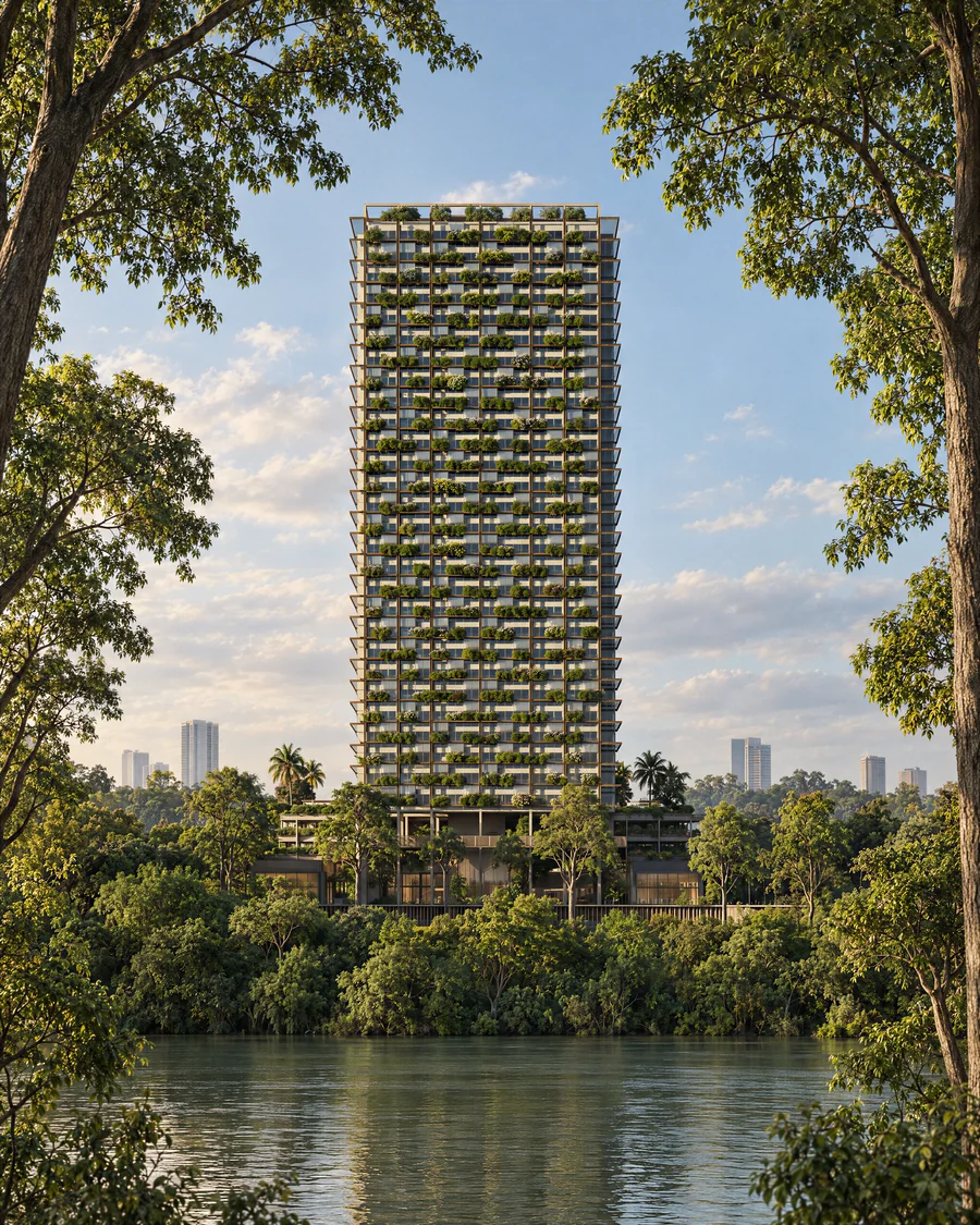 Imagem 3D de torre e rio, edifício residencial em Blumenau, SC. Feita pela Oficina3D.