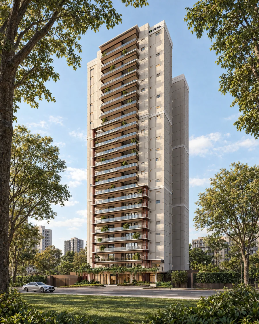 Imagem 3D de torre, edifício residencial em Londrina, PR. Feita pela Oficina3D.