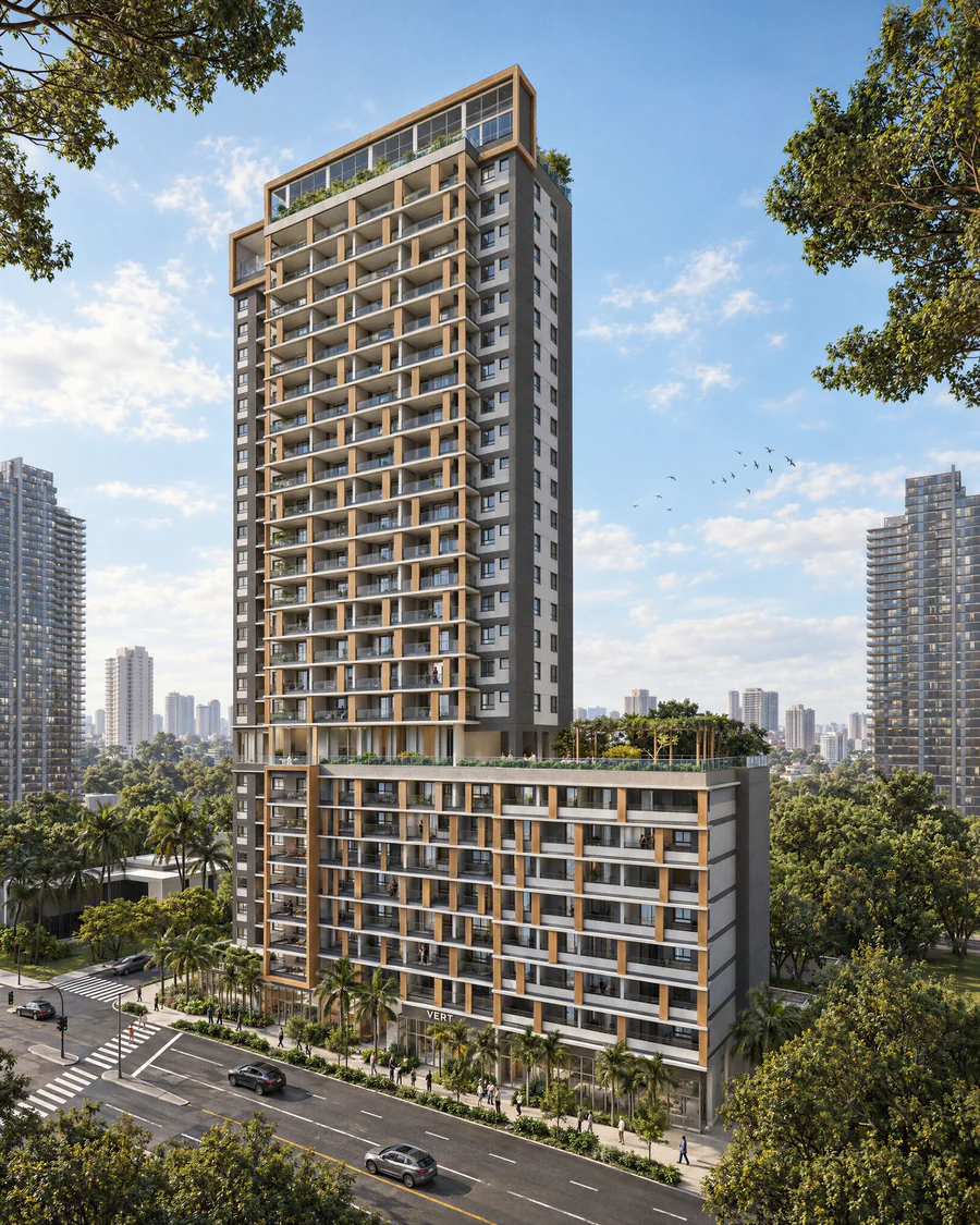 Imagem 3D de torre, edifício residencial em São Paulo, SP. Feita pela Oficina3D.