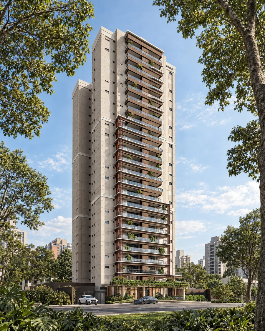 Imagem 3D de torre entre as árvores, edifício residencial em Londrina, PR. Feita pela Oficina3D.