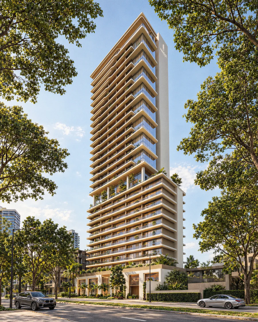 Imagem 3D de torre entre as árvores, edifício residencial em Maringá, PR. Feita pela Oficina3D.