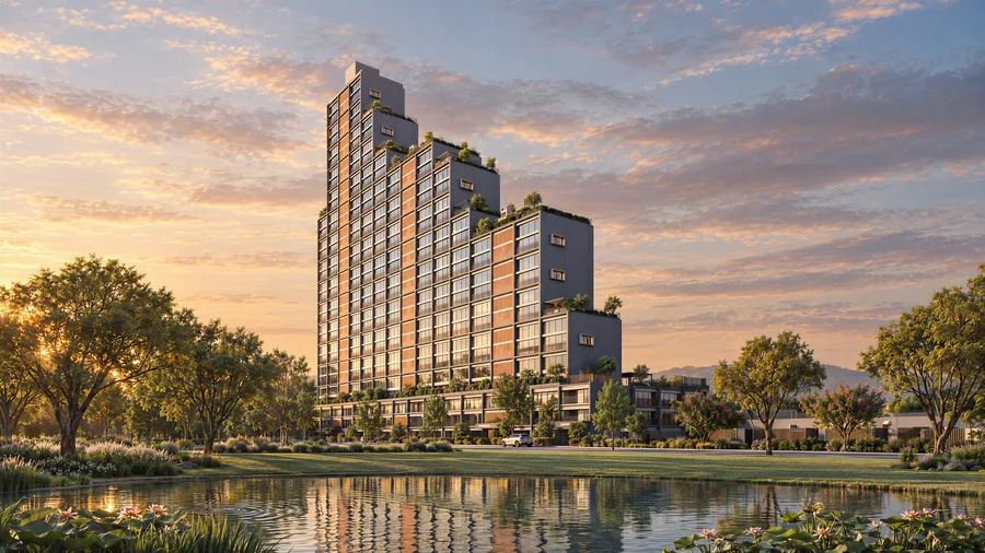 Imagem 3D de torre vista do lago, bairro planejado em Porto Belo, SC. Feita pela Oficina3D.