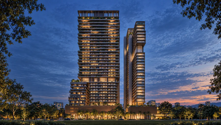 Imagem 3D de torres ao anoitecer, edifício residencial em Natal, RN. Feita pela Oficina3D.
